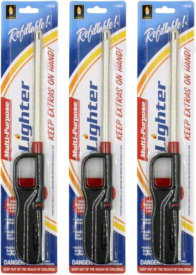 6 Pack - Vezee Fuel Included Handi BBQ Grill Click Flame Long Stem Lighter - Refillable Butane Gas Candle Fireplace Kitchen Stove Wind Resistant, Red