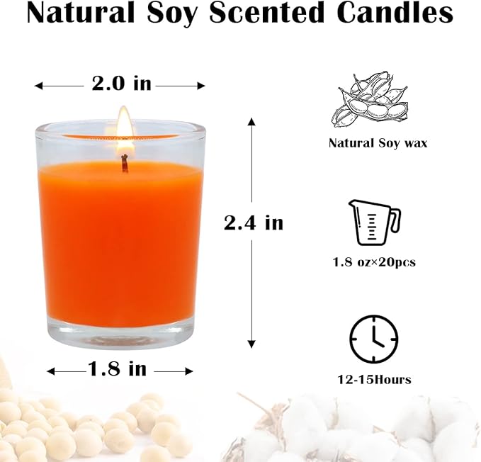 20 Packs Unscented Orange Votive Candles in Clear Glass, Small Bulk Natural Soy Wax Scentless Fall Colored Candles for Thanksgiving Halloween Harvest Home Holiday Spa Decoration