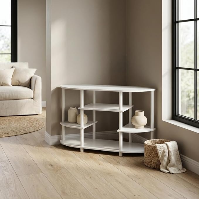 Furnifact White Corner TV Stand, Modern Living Room Media Console with Rubberwood Solids and Walnut Veneer Construction, Durable Wood Storage Solution