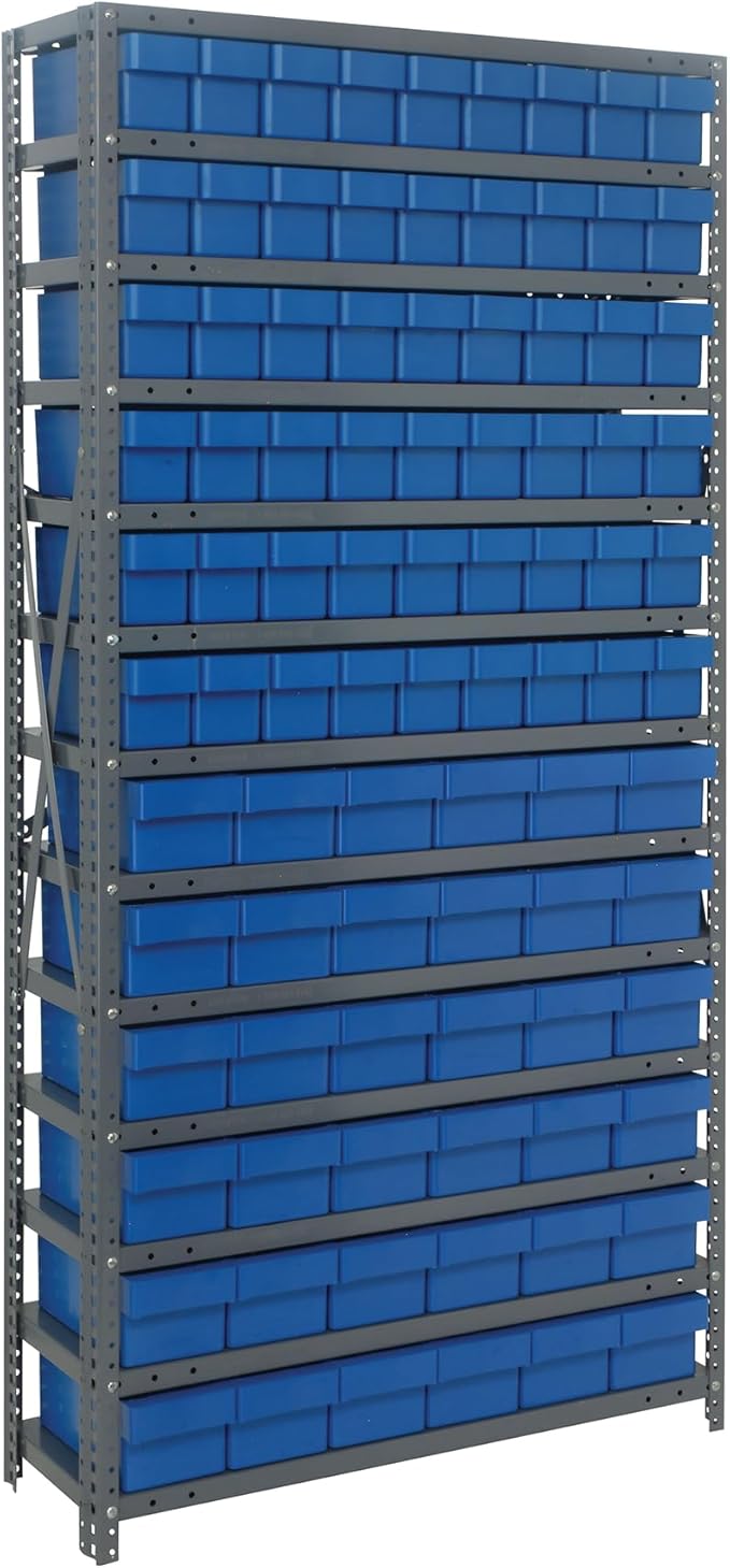 Quantum 1875-624BL Heavy Duty Shelving Unit with (13) Shelves (54) QED604 and (36) QED602 Blue Bins for Industrial Warehouse Storage | 400 lbs Capacity | 18"D x 36"L x 75"H, Galvanized Carbon Steel