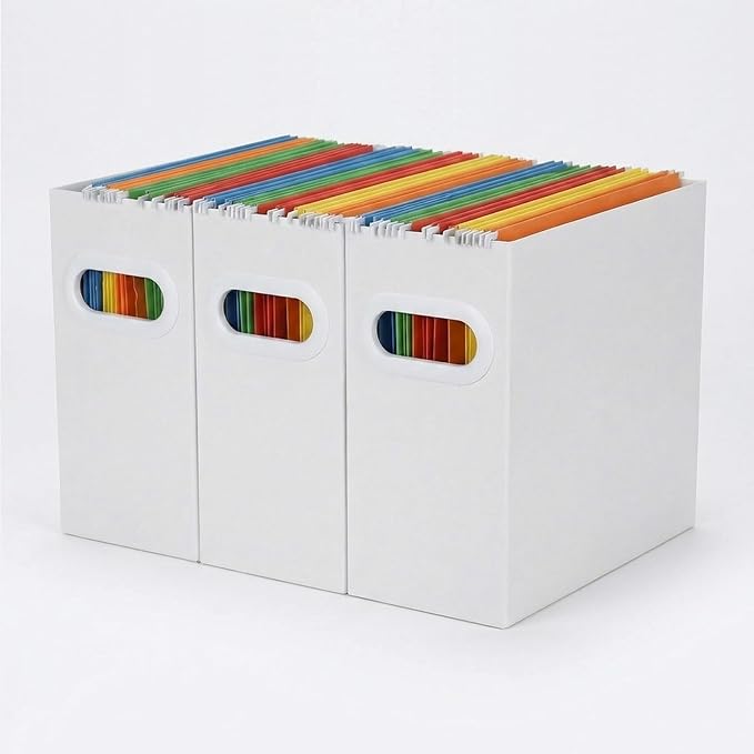 Hanging File Organizer Box, 3 Pack White Cardboard File Folder Holder for Letter Size, Portable Desk Document Storage with Handles, for Office,Home,School
