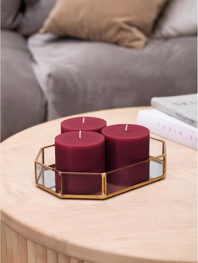 CANDWAX 3x3 Pillar Candles Set of 3 - Rustic Unscented No Drip Burgundy Candles for Home Decor, Weddings, Centerpieces