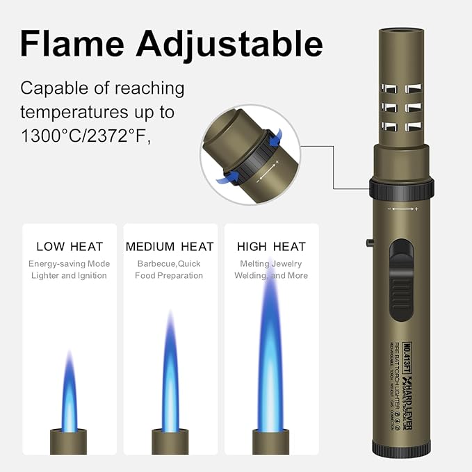 Camping Lighter, Torch Lighter, Windproof Jet Flame Butane Refillable Adjustable Flame with Safety Lock&Fule Guage for Campfires Kitchen Hiking Candles Fireplace BBQ Outdoor Camping Essentials(Brown)