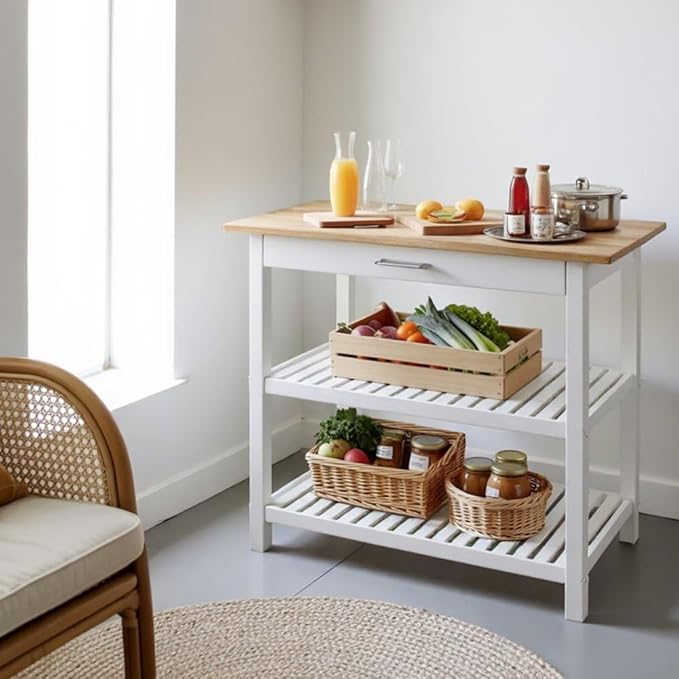 Solid Wood Kitchen Island with Drawer, 2 Open Shelves, White Base and Natural Top, Island Table for Kitchen Storage and Food Prep