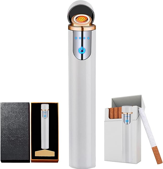 Electronic Lighter, USB Rechargeable Lighter, Mini Cylindrical Strip Flameless Windproof Electric Lighter, Upgrade Smart Fingerprint Ignition Lighter for Indoor Outdoor Cigarette Lighter (White)