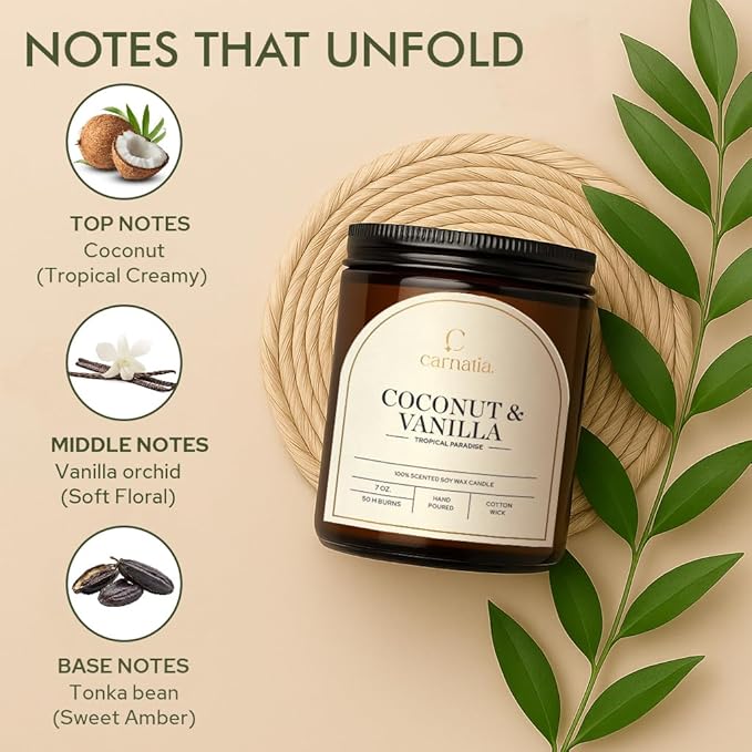 Carnatia Coconut & Vanilla Scented Candle – 7 oz | 100% Soy Wax with Cotton Wick | 50 Hour Burn | Aromatherapy Candle for Home, Stress Relief & Relaxation | Gift for Women & Men