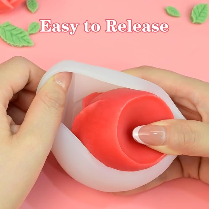 4 Pack Rose Candle Molds with Leaf Mold, Set of Large + Medium + Small 3D Rose Flower Silicone Molds for Candles Making Epoxy Resin Casting Handmade Soap Clay Plaster Home Décor Mom Gift