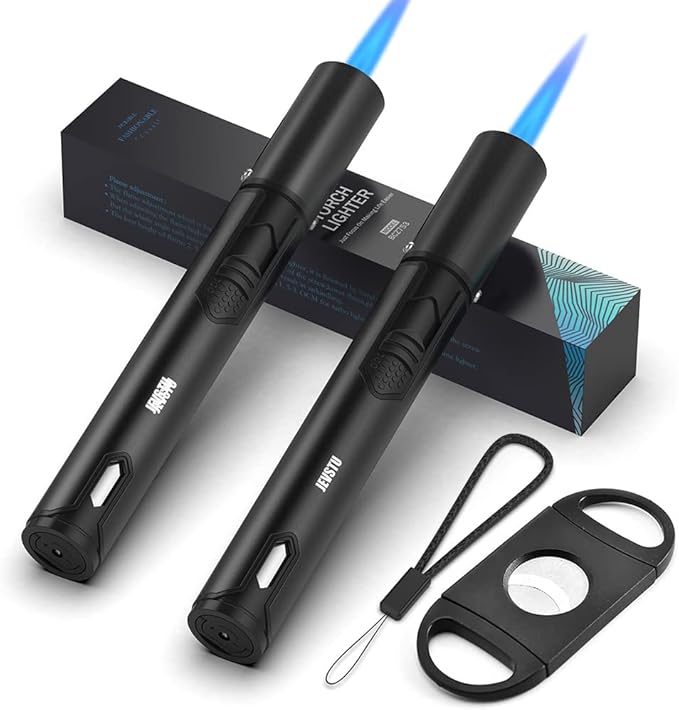 2 Pack Torch Lighter with Fuel Level Window, Adjustable Fire Jet Torch Windproof Lighter Long for Grill Cooking Candle, Black
