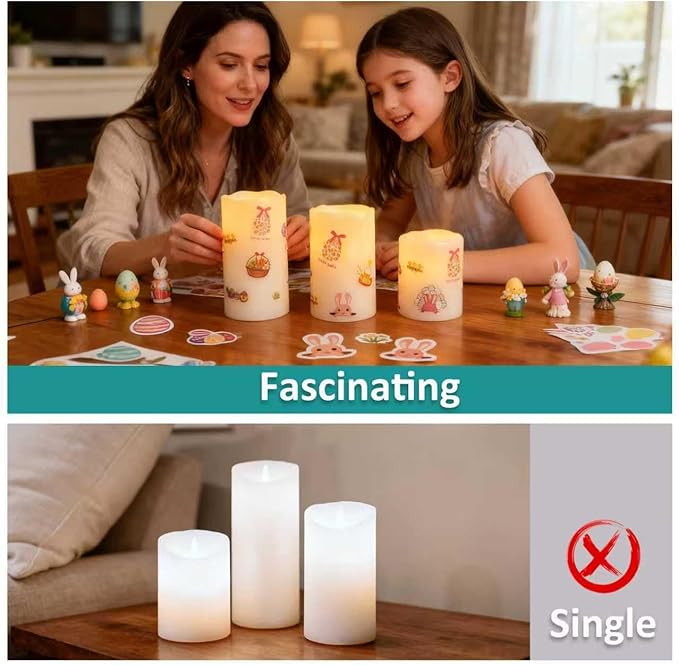 Seasonal Flameless Candle Kit – 3 Reusable Battery Operated Wax Candles with Remote & Timer & 18 Festival DIY Stickers Designed for Party Decor, July 4th, Halloween, Thanksgiving, Christmas & Easter