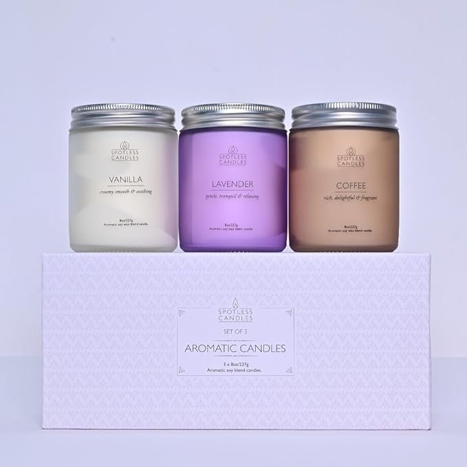Aromatic Candles Three Pack - 3 x 8 oz Cotton Wick Candles Coloured Fosted Jars - Vanilla, Lavender and Coffee, Classic Candle Set for Men and Women by Spotless Leopard