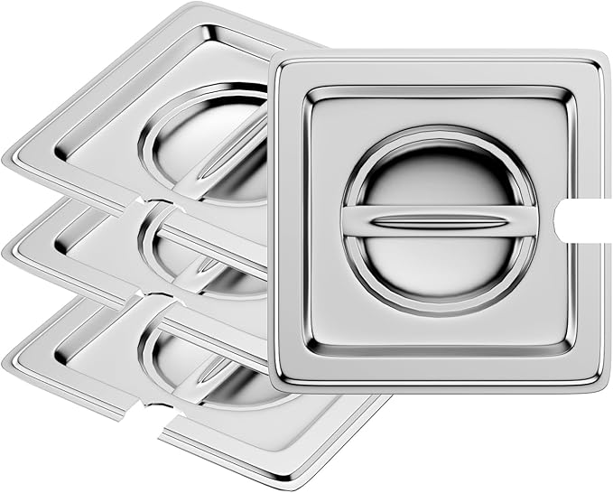 4 Pack 1/6 Size Steam Table Pan Covers Hotel Pans Lids with Handles Catering Food Pan Cover Stainless Steel Commercial Food Pan Lids for Steam Food Pans, Buffet Pan, Roasting Pan