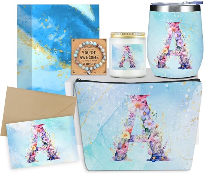 Personalized Gifts Monogrammed Birthday Gifts for Women, Bridesmaid Bachelorette Party Wedding Christmas Initial Wine Tumbler Makeup Bag Scented Candle Bracelet Set, (Aesthetic Purple Flower A)