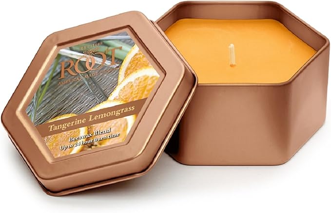Root Candles Scented Candles in Travel Tin 24-Hour Honeycomb Traveler Handcrafted Beeswax Blend Candle, 4-Ounce, Tangerine Lemongrass