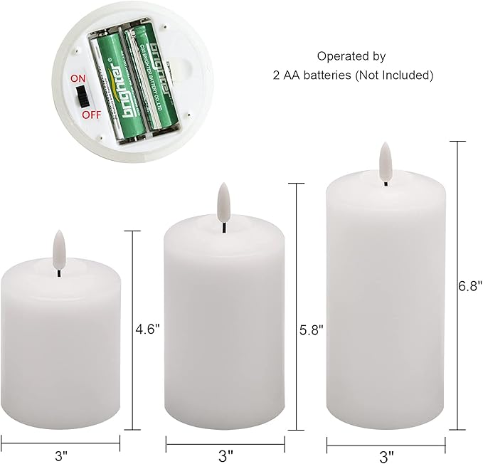 GenSwin 3D Wick Flameless Flickering Candles Battery Operated with Remote Timer, Real Wax Pillar LED Votive Candles Warm Light, Set of 3 Party/Wedding/Home Decor(White, D3” x H4.6” 5.8” 6.8”)