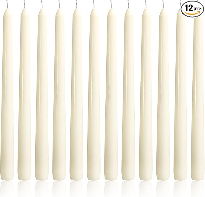 OSHINE 12 Pack Ivory Taper Candles Long Taper Candle 10 Inch Dripless Unscented Smokeless & Emergency 7-8 Hours Long Burning Tall Candlesticks Ideal for Weddings, Thanksgiving, Christmas, Dinner Party