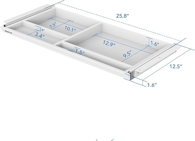 Mount-It! Under Desk Drawer with 4 Compartments, Deep Low-Profile Slide-Out Storage Organizer, 25.8″ x 12.5″ x 1.6″, Smooth Glide Pull-Out Tray for Traditional & Single Motor Standing Desks, White