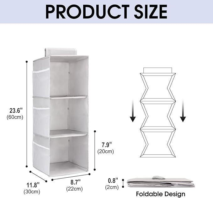 PetsHome 3-Shelf Hanging Closet Organizer, Space Saver, Closet Hanging Storage Shelves with Mesh Pockets & Magic Tap for Storage, Foldable-Grey