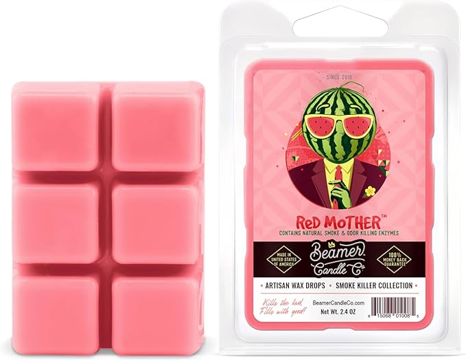 Beamer Candle Co. - Red Mother Wax Melt – Sweet Watermelon & Juicy Fruit Scent – Notes of Sweet & Juicy Watermelon, Strawberry & Melon Flower - 1 Pack of 6 Cubes – Odor Eliminating - 40 Hour Burn Time