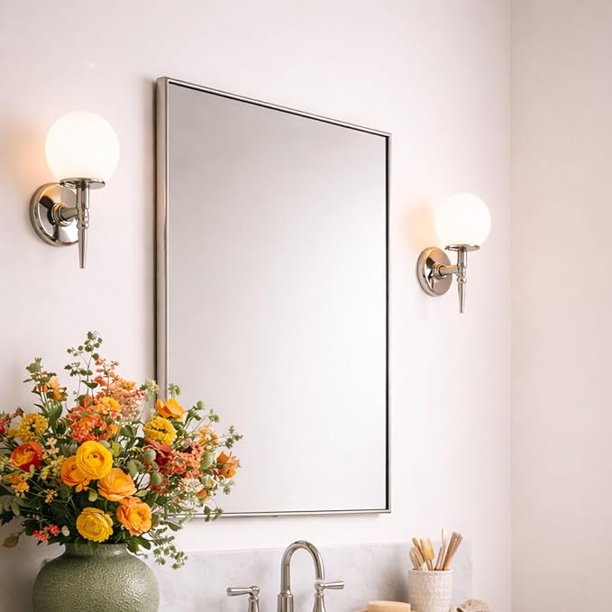 TEHOME Chrome Bathroom Vanity Mirror with Squared Corners, 20x28'' Silver Rectangle Stainless Steel Metal Framed Mirror for Bathroom