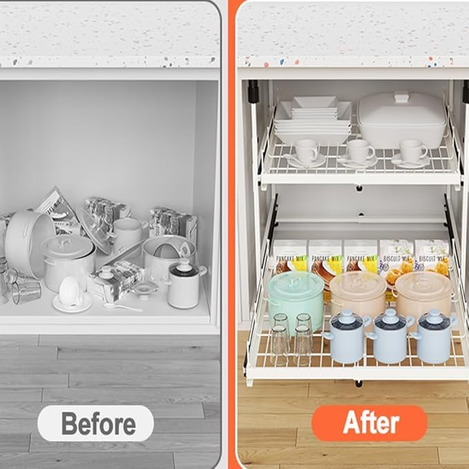 Hisencn Expandable 2-Tier Pull Out Cabinet Organizer, 13"-21" Wide Slide-Out Drawers (White)