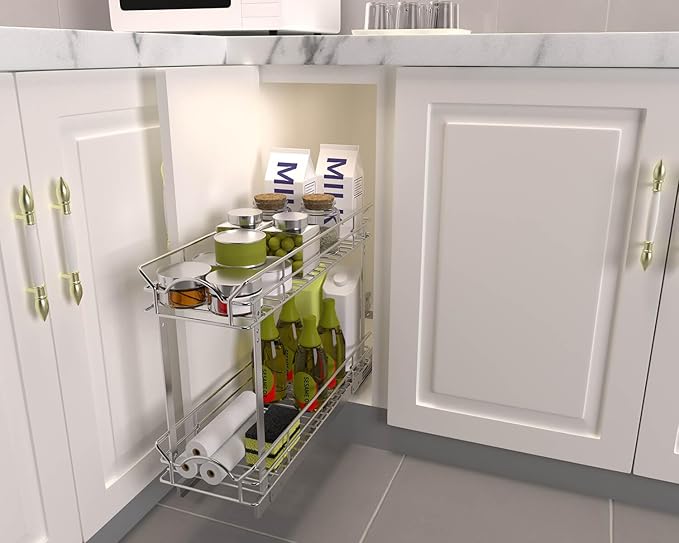 OCG Slide Out Cabinet Organizer for Narrow Cabinet (5" W X 21" D), 2 Tier Pull Out Shelves Slim Sliding Cabinet Organizer and Storage, Chrome