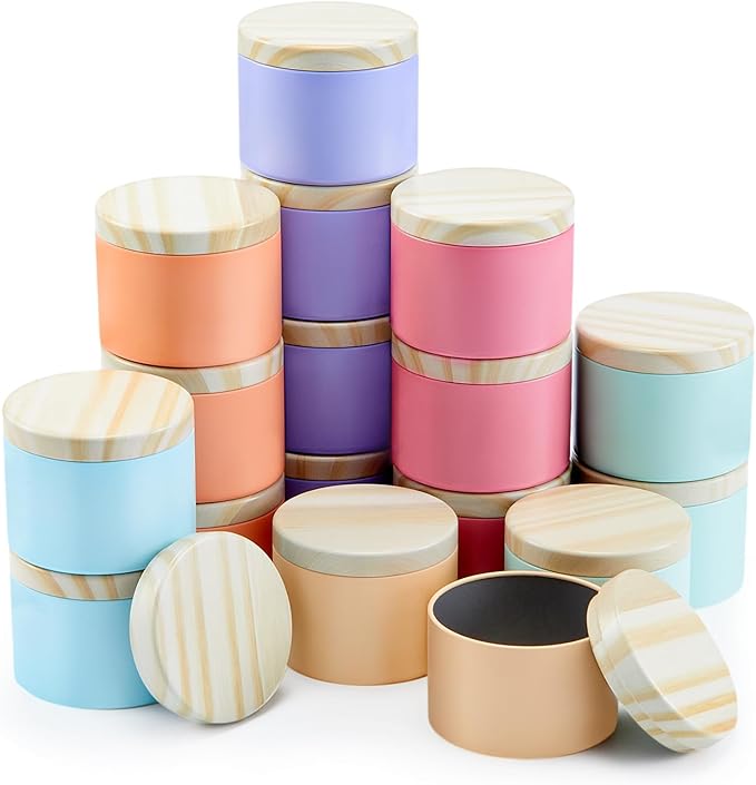 Honeydak 36 Pcs 4oz Candle Jars Bulk Multicolored Candle Tins Small Empty Containers with Metal Wood Grain Printing Lids for Making DIY Jars Storage Wedding Gifts