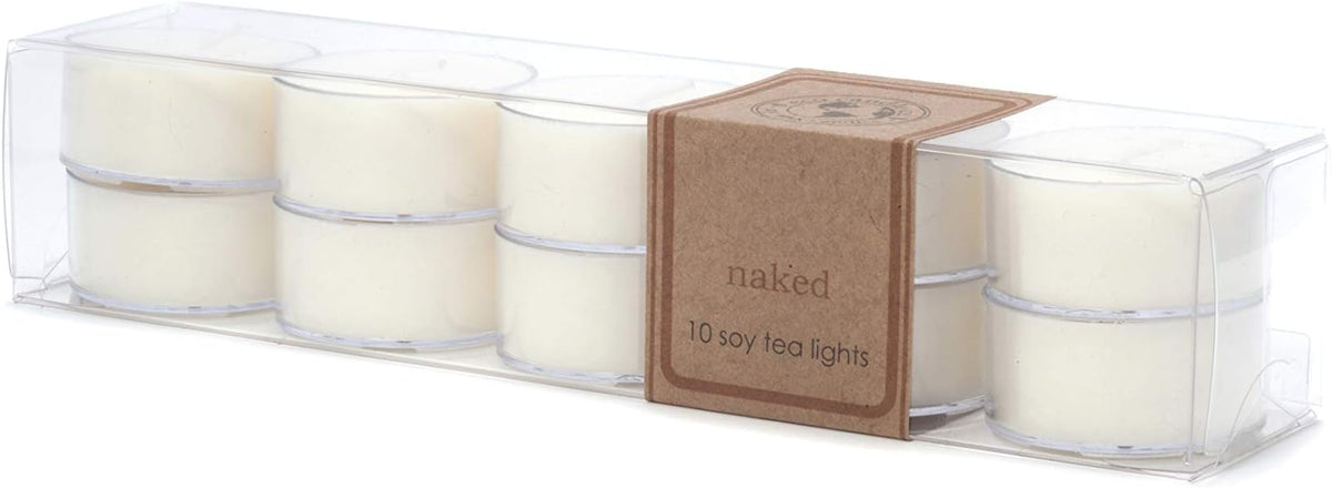 ECO CANDLE CO. Tea Light Candles, Naked, 10-Pack - Unscented - Recyclable Plastic Cups, 100% Soy Wax, No Lead, Hand Poured, Phthalate Free, Made from Midwest Grown Soybeans, .6 oz. Each