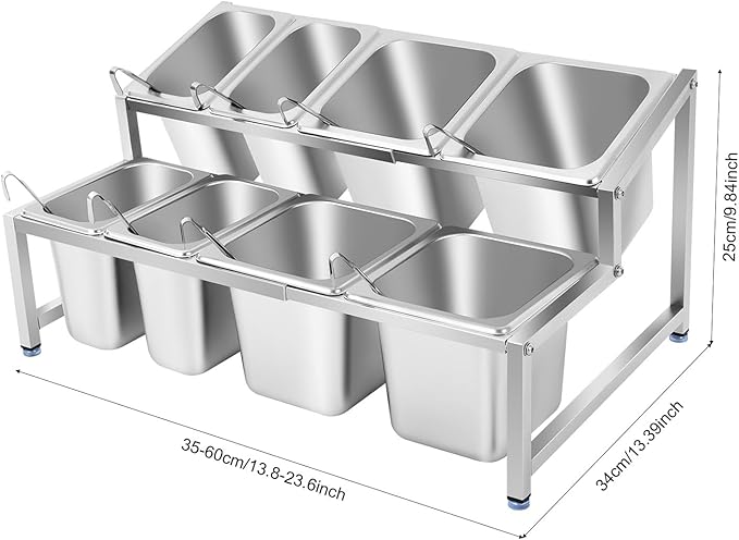 Condiment Container Dispenser with 8 Pans & Lids, Stainless Steel Countertop Spice Inclined Holder, Pizza Topping Station Organizer, Spice Rack Shelf for Kitchen Pantry Use