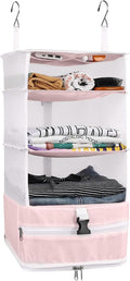 Surblue Hanging Closet Storage Bag Collapsible 3-Shelf Washable Oxford Fabric with 2 Hooks (L 11.41 * 11.41 * 19.68in, Pink)