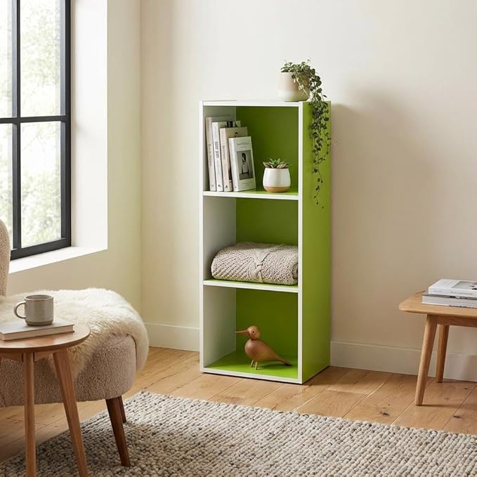Furnifact White and Green 3-Tier Open Shelf Bookcase, Modern Storage Organizer, Sturdy Construction, Versatile Home Office and Living Room Decor