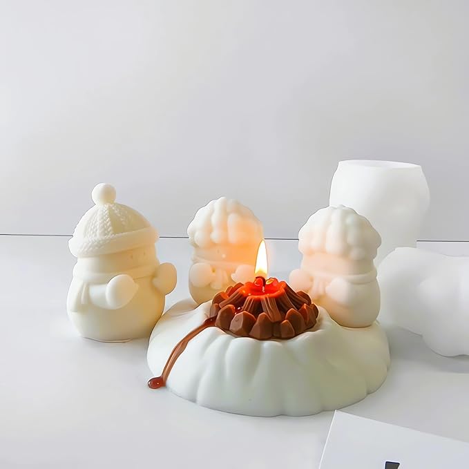 Christmas Snowman Candle Mold Set, Cozy Snowman Grilling The Fire Silicone Molds for Candles Soap Gypsum Handcraft, Sit by The Fire Resin Mold Xmas Winter Home Decor Festive Party Gift & Car Ornament