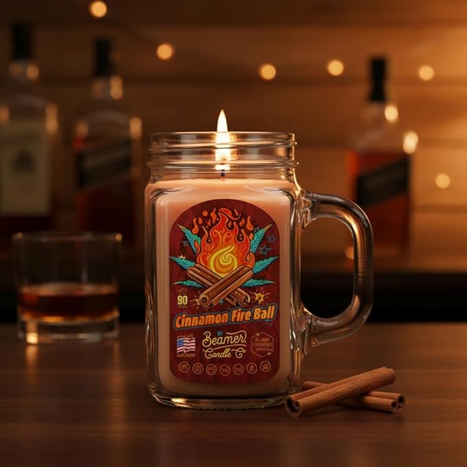 Cinnamon Fireball Candle – Odor Eliminating, Strong Scent – Bold Cinnamon Spice – Long Lasting 90 Hour Burn – Large 12oz Mason Jar – Made in USA – Beamer Candle Co.