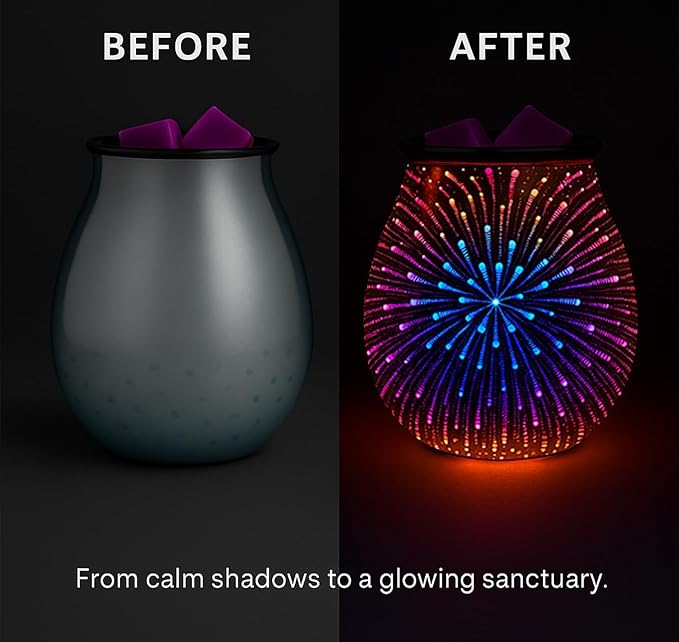 Leyoue 3D Glass Fireworks Electric Wax Melt Warmer with PTC Heating Plate 7 Colors LED Changing Light Wax Burner Melter Fragrance Warmer for Home (Timing Switch)