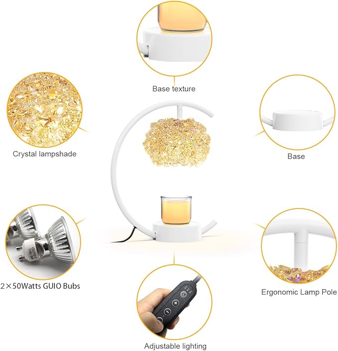 Yeuslor White Candle Warmer Lamp for Jar Candles with Adjustable Brightness＆Timer，Handcrafted Crystal＆Wooden Base,Candle Lamp Luxurious Design+2Bulbs,Home Decoration Electric Candle lamp(C-Shaped)