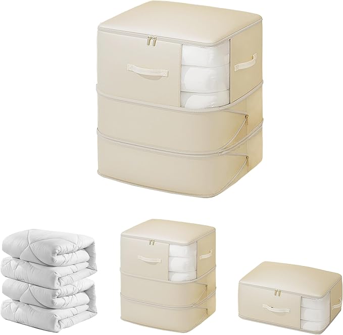 Veki Comforter Storage Bag, Space Saving Self Compression Foldable Blanket Storage Bags, Closet Organizer With Handle and VisualiZation Window, Large capacity 130L for Bedding, Clothes (Apricot XL)