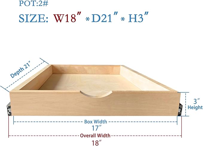 Kitchen Cabinet Organizer, Fully Assembled Drawer Wood Pull Out Tray Drawer Box Cabinet Slide Out Shelve, Wooden Pull-Out Shelf (W18''×D21''×H3'')