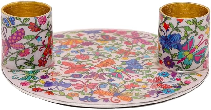 Yair Emanuel Flat Plate Candle Holders for Shabbat 4 Inch Vibrant Pattern Design Modern Judaica Gift (CSE-4 Butterflies)