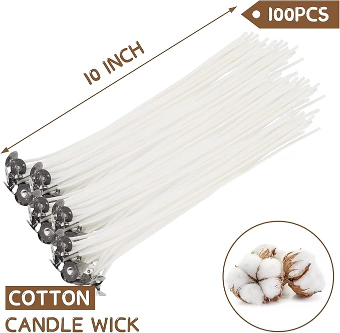 JEAWIWI 100 Pcs Cotton Candle Wicks (10 Inches) with 100 Pcs Wick Stickers and 10 Pcs Wooden Candle Wick Holders, Candle Wicks for Soy Wax, Beeswax, Coconut Wax