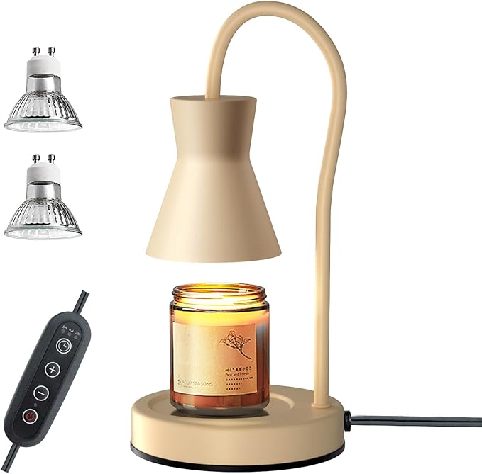 LALISU Candle Warmer Lamp with Timer and Dimmer, Vintage Electric Candle Melter with 2 Bulbs, Melter Scented Candle Height Adjustable Compatible with Jar Candles, House Warming Gifts (Beige)