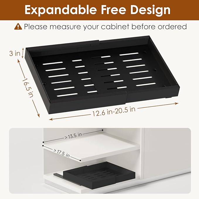 1 Pack Expandable Pull Out Cabinet Organizer 16.5" Deep, Adjustable Width 12.6"-20.5", No Drill Adhesive with Triple Track Rails, Heavy Duty Slide Out Drawers for Kitchen,Pantry,Cabinets,Black