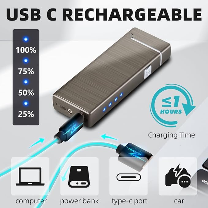 LcFun Electric Lighter USB Rechargeable Windproof Flameless Plasma Dual Arc Lighter Small Metal Pocket Lighters for Camping, Birthday Gifts for Men Husband (Nickel Brushed)