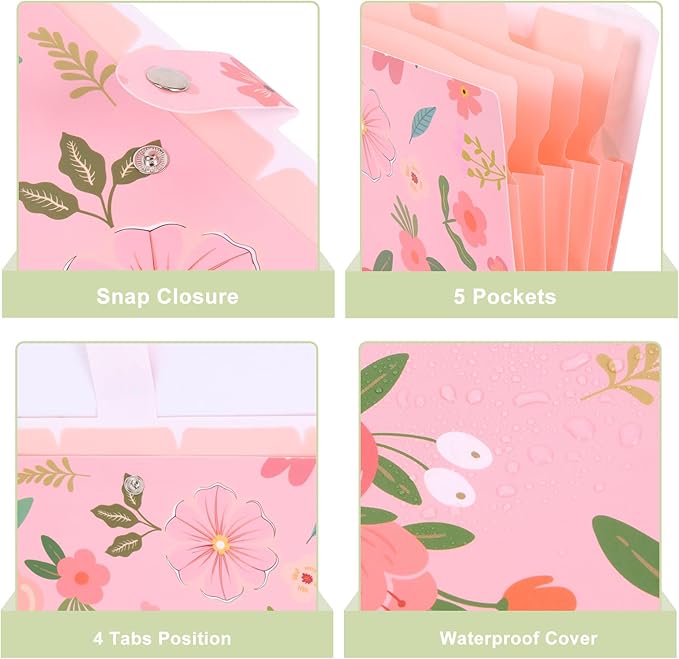 EOOUT 6pcs Expanding File Folders with 5 Pockets, Floral Accordion Folders for Documents, A4 Letter Size Plastic File Organizer with Snap Button for School and Office Supplies