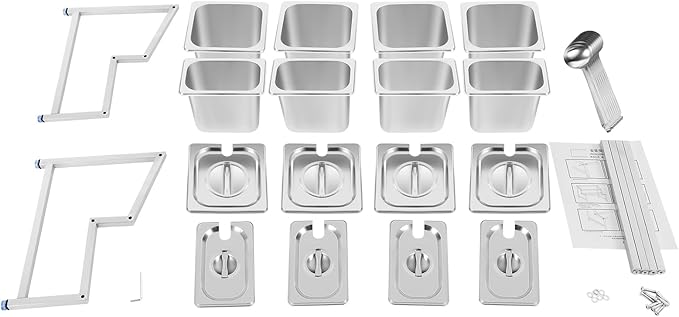 Condiment Container Dispenser with 8 Pans & Lids, Stainless Steel Countertop Spice Inclined Holder, Pizza Topping Station Organizer, Spice Rack Shelf for Kitchen Pantry Use