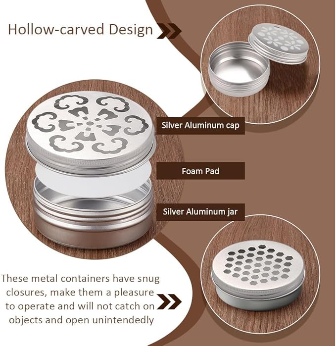 PH PandaHall 12pcs Aluminium Tins 3 Style Round Metal Container 2 Ounce Empty Metal Tins with Hollow Lids Refillable Spice Containers for Aromatherapy Air Freshener Candles Travel Storage 2.75x1 inch