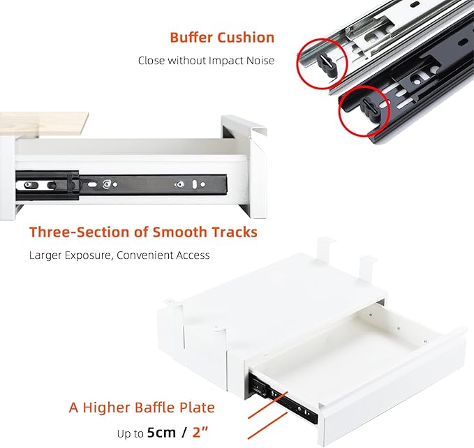 Under Desk Drawer 18", Pull-out Storage Organizer with Tall Brackets Mounted Under Wooden Table with a Max 2" Crossbar, White_Tall Version