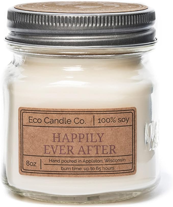 ECO CANDLE CO. Mason Jar Candle, Happily Ever After, 8 oz. - Scents of Wedding Bouquets - 100% Soy Wax, No Lead, Kraft Label & Antiqued Pewter Lid, Hand Poured, Made from Midwest Grown Soybeans