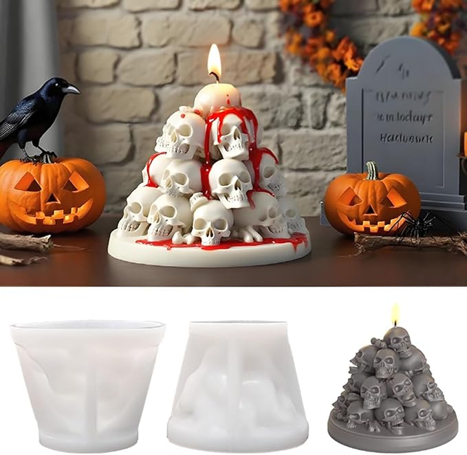 Halloween Skull Candle Mold Kit - 3D Silicone Candle Making Mold with 3 Wicks & Centering Device - Horror Skeleton DIY Candle Molds for Halloween Decor, Party & Gift (3D Skull-A)