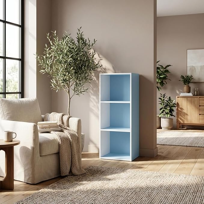 Furnifact White and Light Blue 3-Tier Open Shelf Bookcase, Modern Storage Organizer with Multiple Shelves, Durable Construction for Living Room and Office