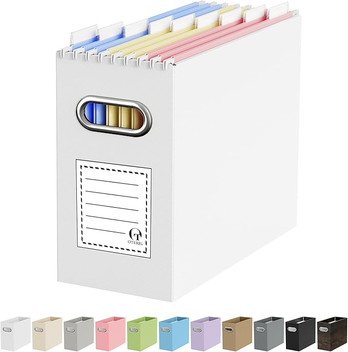 Oterri File Organizer Box, Portable Collapsible Cardboard File Folder Organizer with Handle for Letter Size Hanging Files, Document Storage Box for Home Office & Classroom (1 Pack, White)