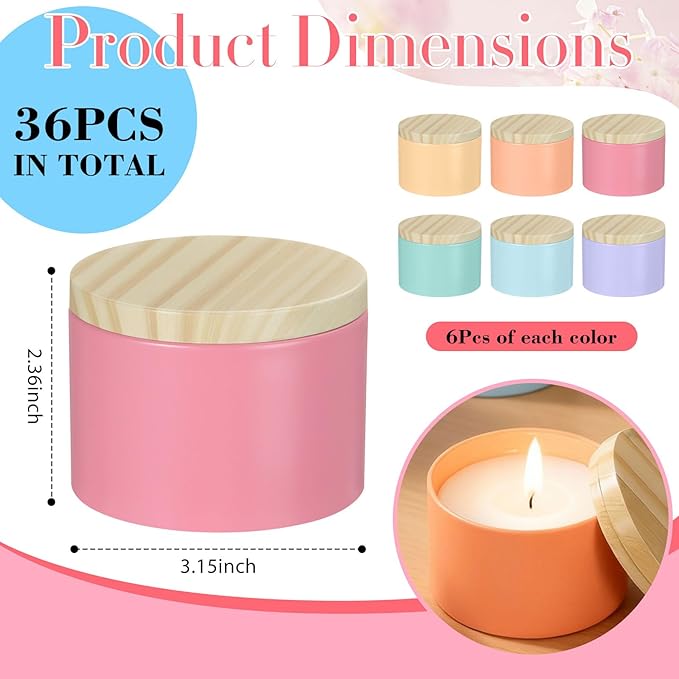 Honeydak 36 Pcs 8oz Candle Jars Bulk Multicolored Candle Tins Small Empty Containers with Metal Wood Grain Printing Lids for Making DIY Jars Storage Valentine's Day Wedding Gifts